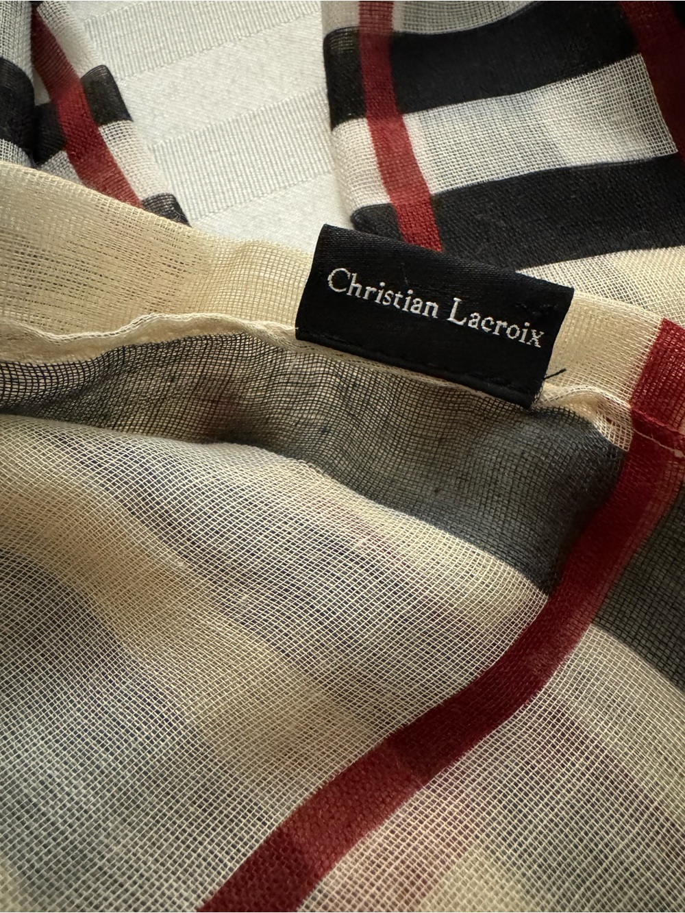 Christian Lacroix Beige, Black & Red Plaid Lightweight Scarf - Picture 2 of 2